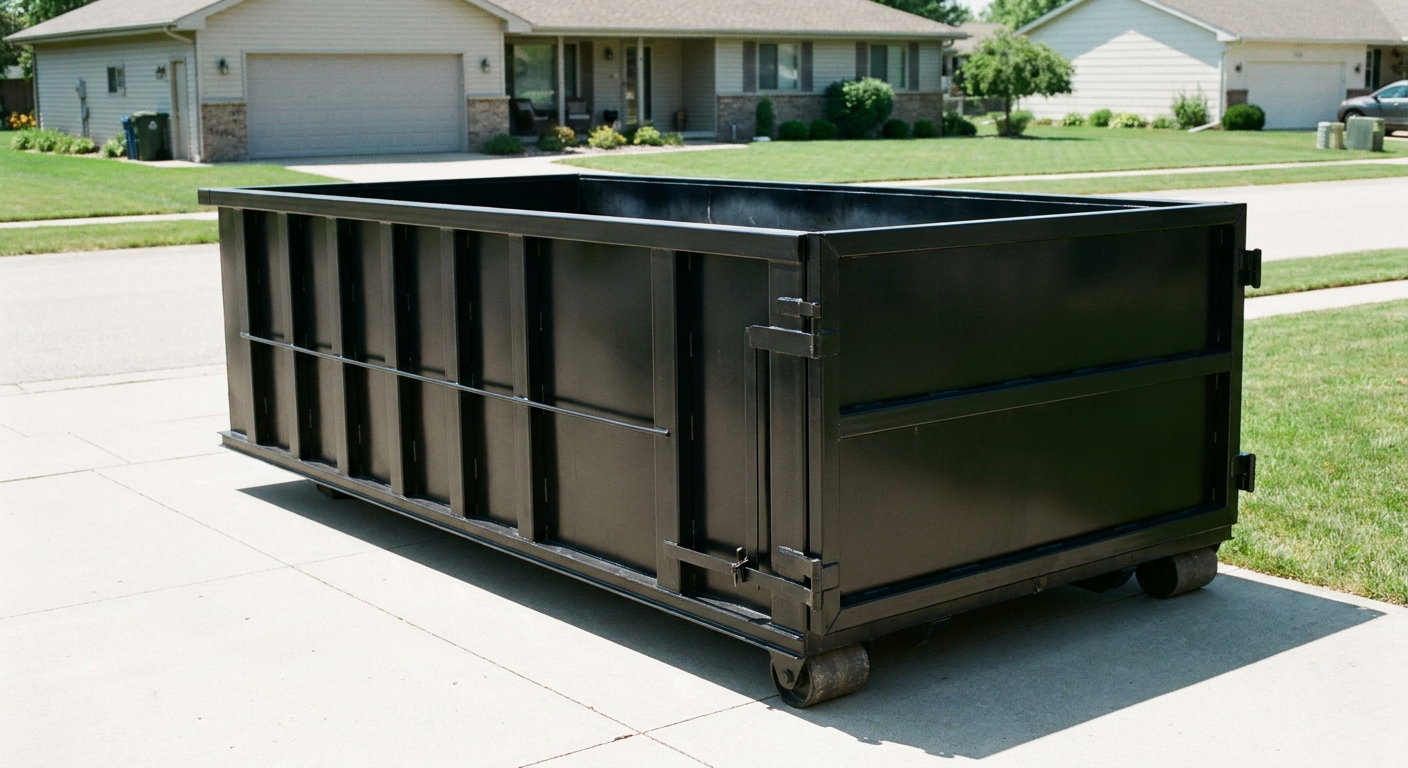 Matte-black 10-yard roll-off dumpster on a residential concrete driveway in Carmel, uniformly painted matte black across every panel and rail, ribbed steel sidewalls and rear swing door visible, mid-day daylight.