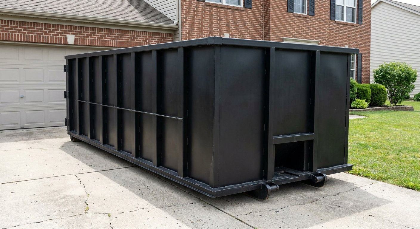 Matte-black 20-yard roll-off container on a Carmel residential concrete driveway with reinforced ribbed steel sidewalls and a hinged rear walk-in door, clean bright daylight.