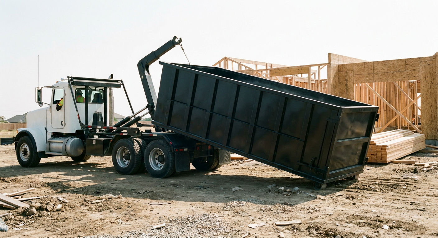 Matte-black roll-off dumpster being delivered onto a clean residential concrete driveway in Carmel by an unmarked white hooklift hauler truck, bright morning daylight, documentary 35mm perspective.